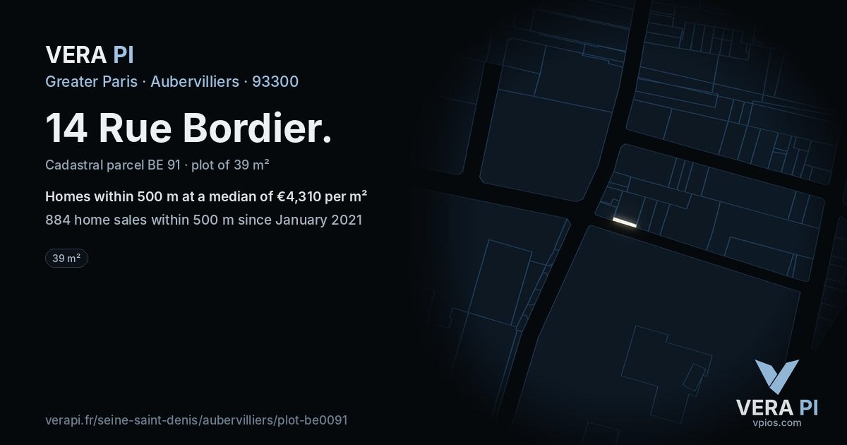 14 Rue Bordier, Aubervilliers at night – the plot lit, the parcels around coloured by the prices near them