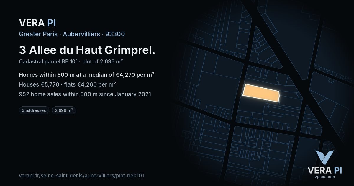 3 Allee du Haut Grimprel, Aubervilliers at night – the plot lit, the parcels around coloured by the prices near them