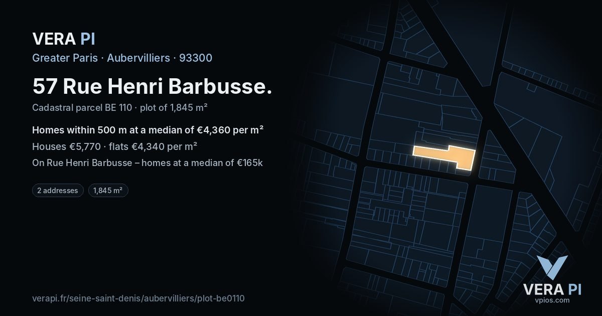 57 Rue Henri Barbusse, Aubervilliers at night – the plot lit, the parcels around coloured by the prices near them