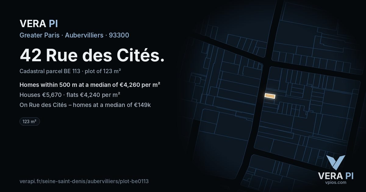 42 Rue des Cités, Aubervilliers at night – the plot lit, the parcels around coloured by the prices near them