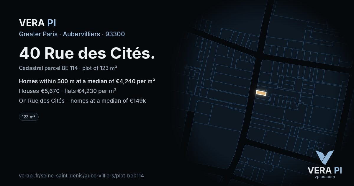 40 Rue des Cités, Aubervilliers at night – the plot lit, the parcels around coloured by the prices near them