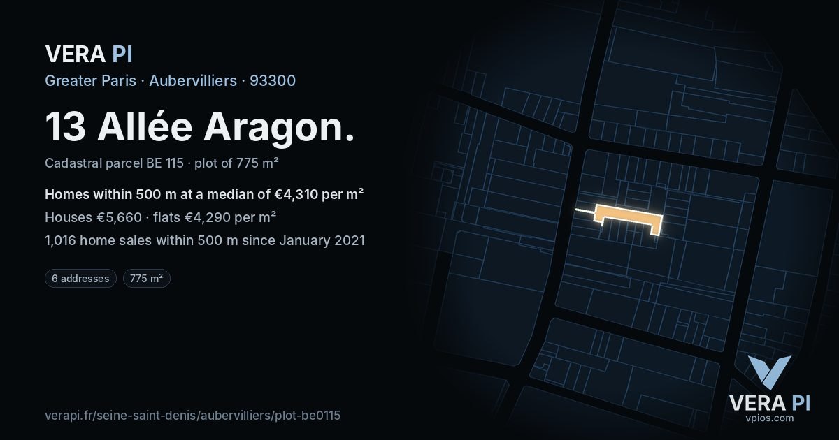 13 Allée Aragon, Aubervilliers at night – the plot lit, the parcels around coloured by the prices near them