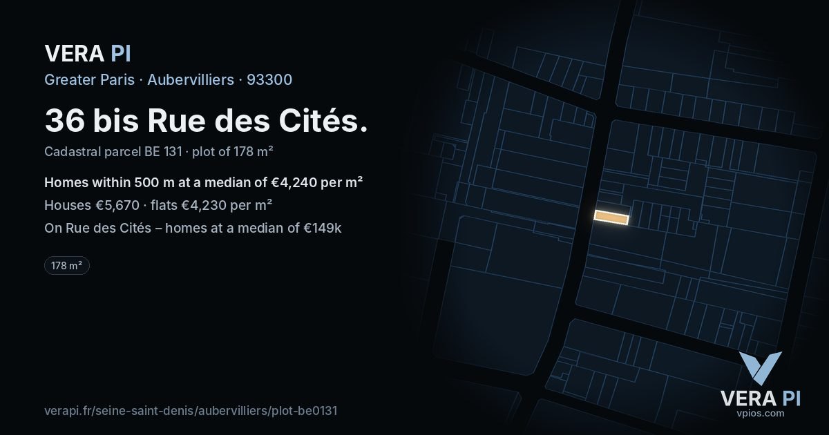 36 bis Rue des Cités, Aubervilliers at night – the plot lit, the parcels around coloured by the prices near them