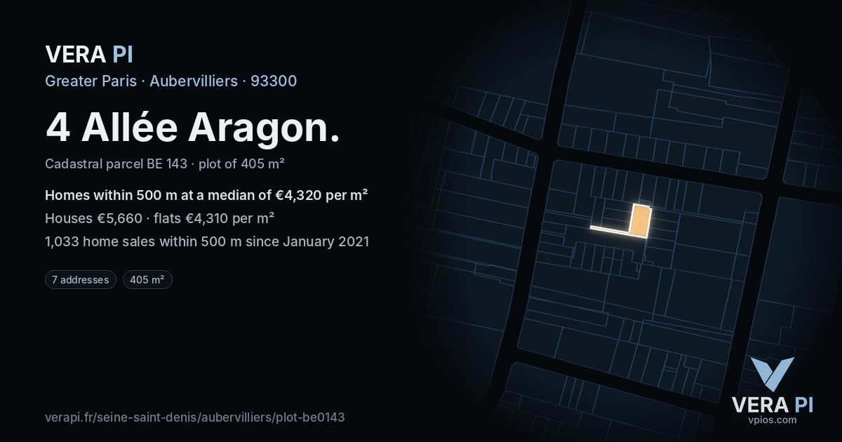 4 Allée Aragon, Aubervilliers at night – the plot lit, the parcels around coloured by the prices near them