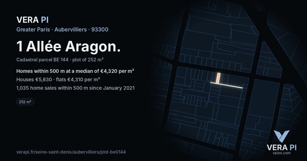 1 Allée Aragon, Aubervilliers at night – the plot lit, the parcels around coloured by the prices near them