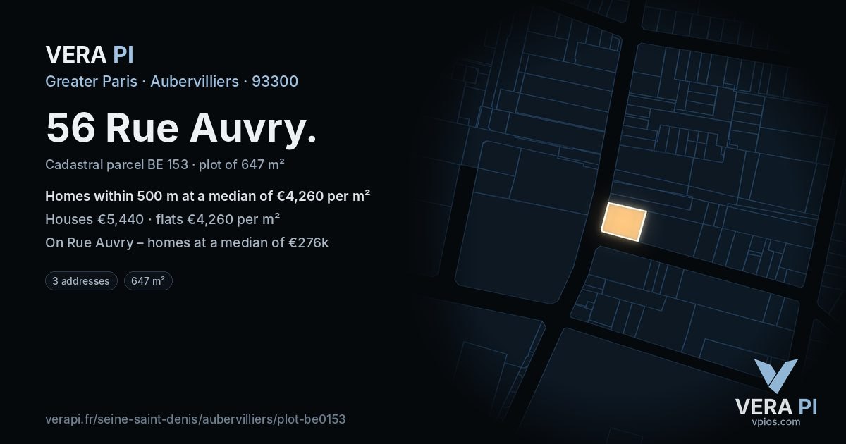 56 Rue Auvry, Aubervilliers at night – the plot lit, the parcels around coloured by the prices near them