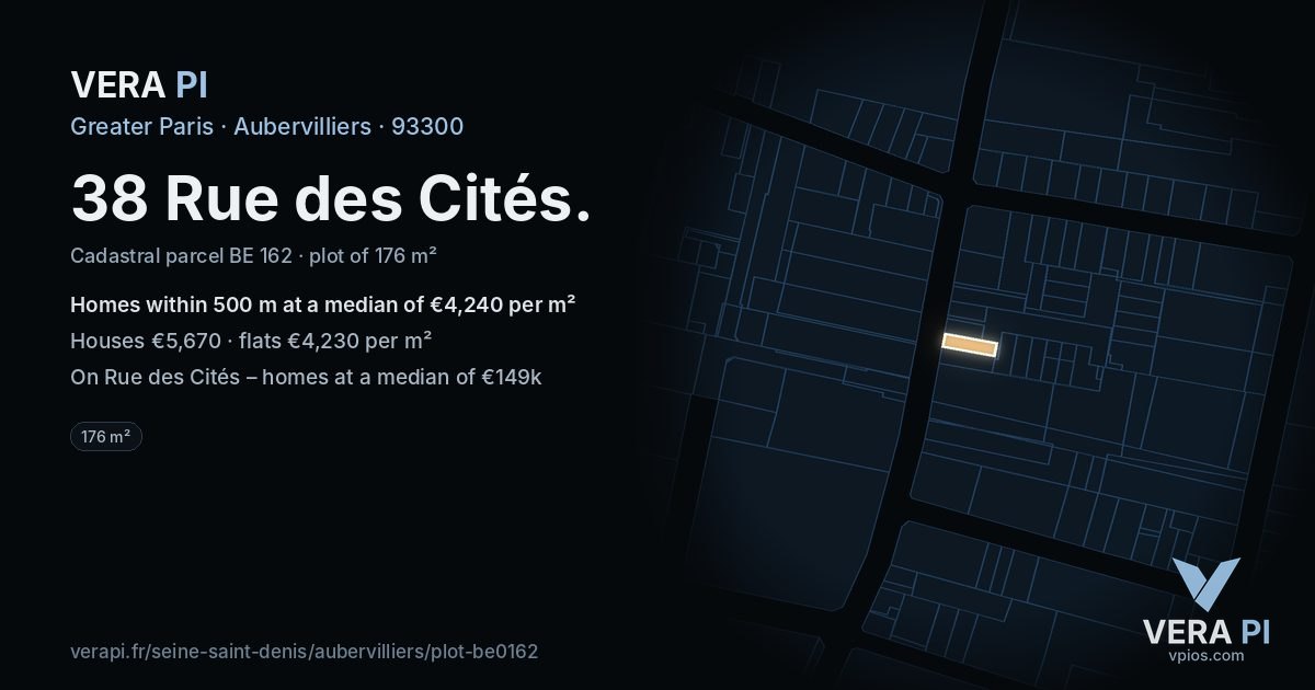 38 Rue des Cités, Aubervilliers at night – the plot lit, the parcels around coloured by the prices near them
