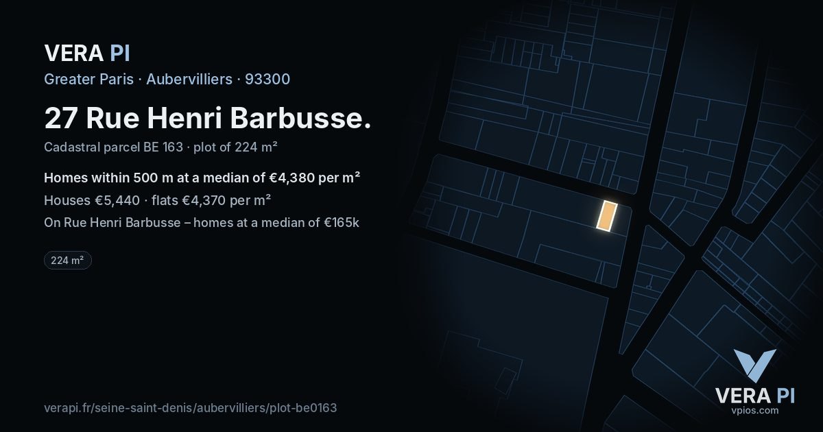 27 Rue Henri Barbusse, Aubervilliers at night – the plot lit, the parcels around coloured by the prices near them