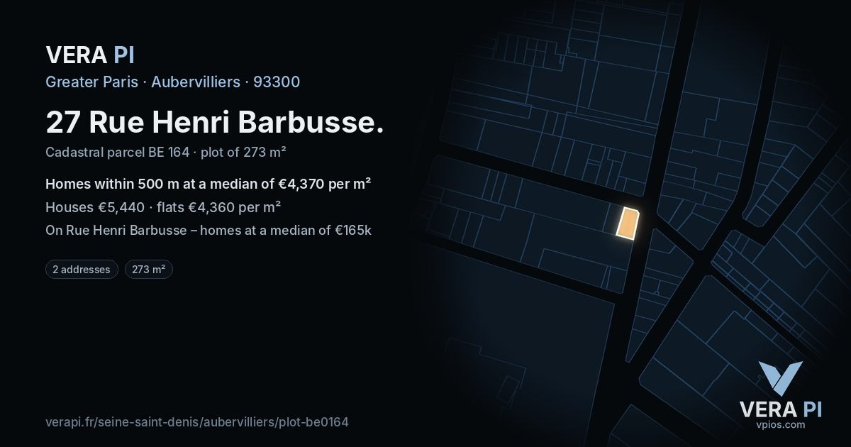 27 Rue Henri Barbusse, Aubervilliers at night – the plot lit, the parcels around coloured by the prices near them