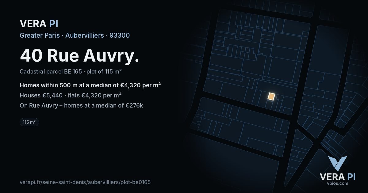 40 Rue Auvry, Aubervilliers at night – the plot lit, the parcels around coloured by the prices near them