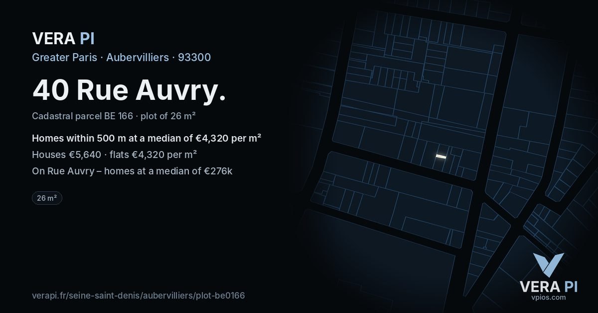 40 Rue Auvry, Aubervilliers at night – the plot lit, the parcels around coloured by the prices near them