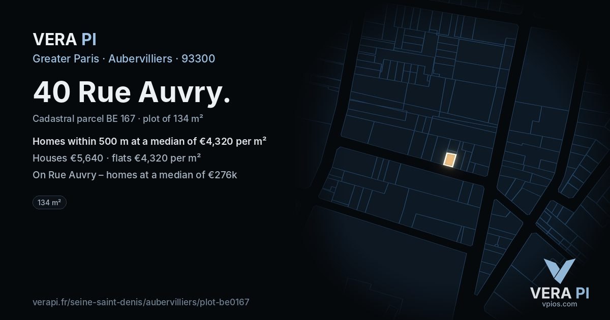 40 Rue Auvry, Aubervilliers at night – the plot lit, the parcels around coloured by the prices near them