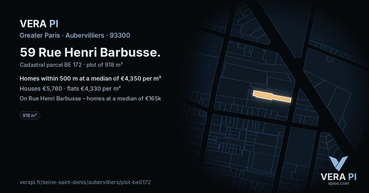 59 Rue Henri Barbusse, Aubervilliers at night – the plot lit, the parcels around coloured by the prices near them