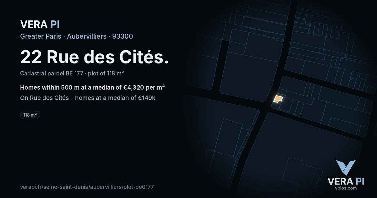 22 Rue des Cités, Aubervilliers at night – the plot lit, the parcels around coloured by the prices near them