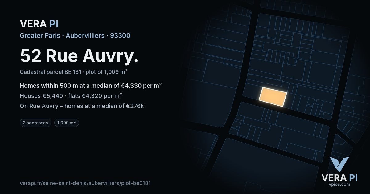 52 Rue Auvry, Aubervilliers at night – the plot lit, the parcels around coloured by the prices near them