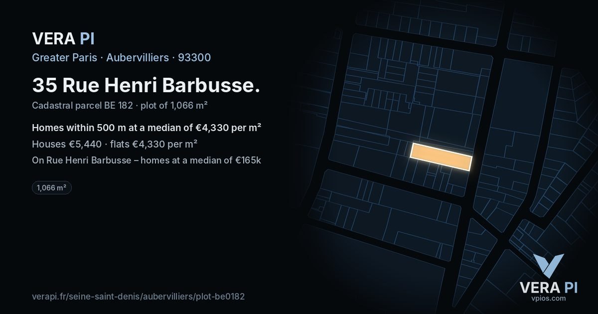 35 Rue Henri Barbusse, Aubervilliers at night – the plot lit, the parcels around coloured by the prices near them