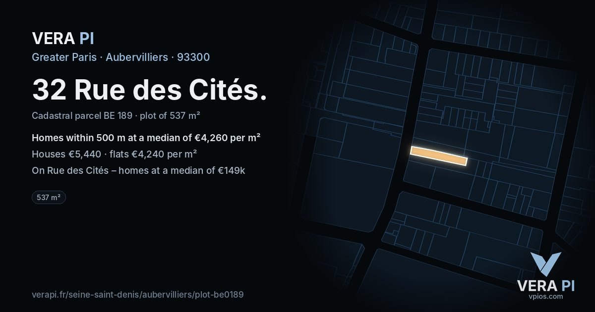 32 Rue des Cités, Aubervilliers at night – the plot lit, the parcels around coloured by the prices near them