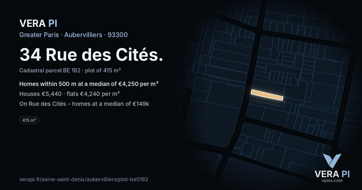 34 Rue des Cités, Aubervilliers at night – the plot lit, the parcels around coloured by the prices near them