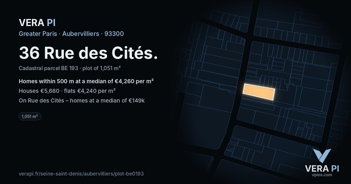 36 Rue des Cités, Aubervilliers at night – the plot lit, the parcels around coloured by the prices near them