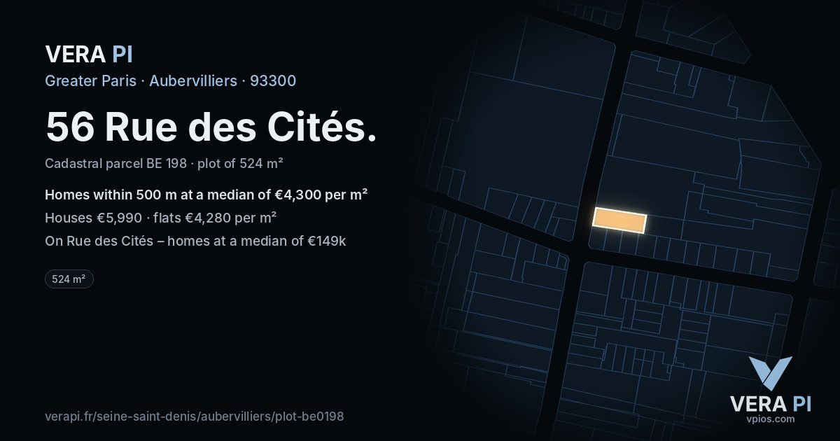 56 Rue des Cités, Aubervilliers at night – the plot lit, the parcels around coloured by the prices near them