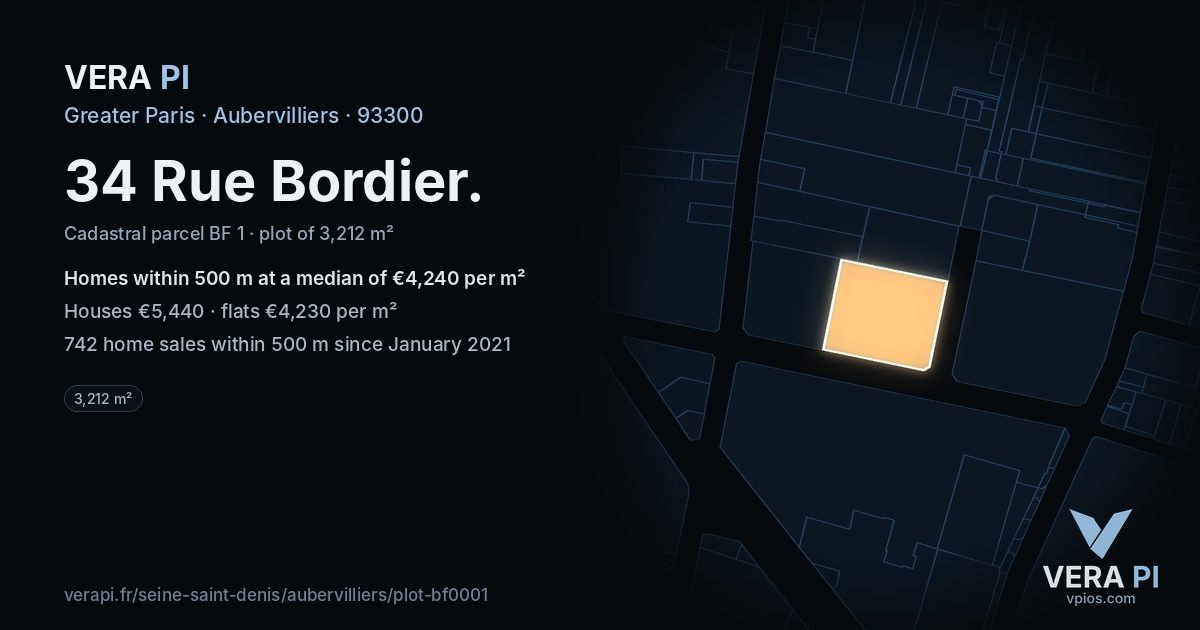 34 Rue Bordier, Aubervilliers at night – the plot lit, the parcels around coloured by the prices near them