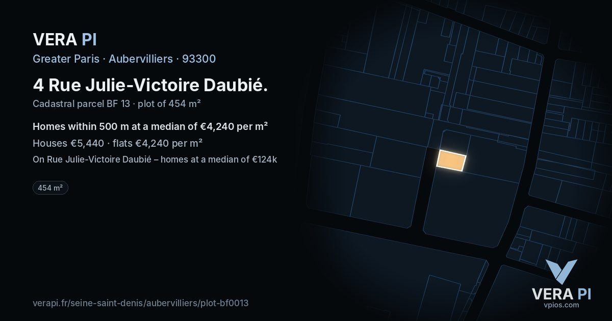 4 Rue Julie-Victoire Daubié, Aubervilliers at night – the plot lit, the parcels around coloured by the prices near them