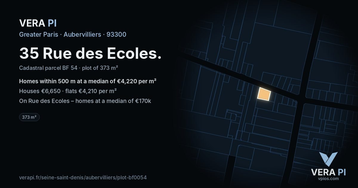 35 Rue des Ecoles, Aubervilliers at night – the plot lit, the parcels around coloured by the prices near them