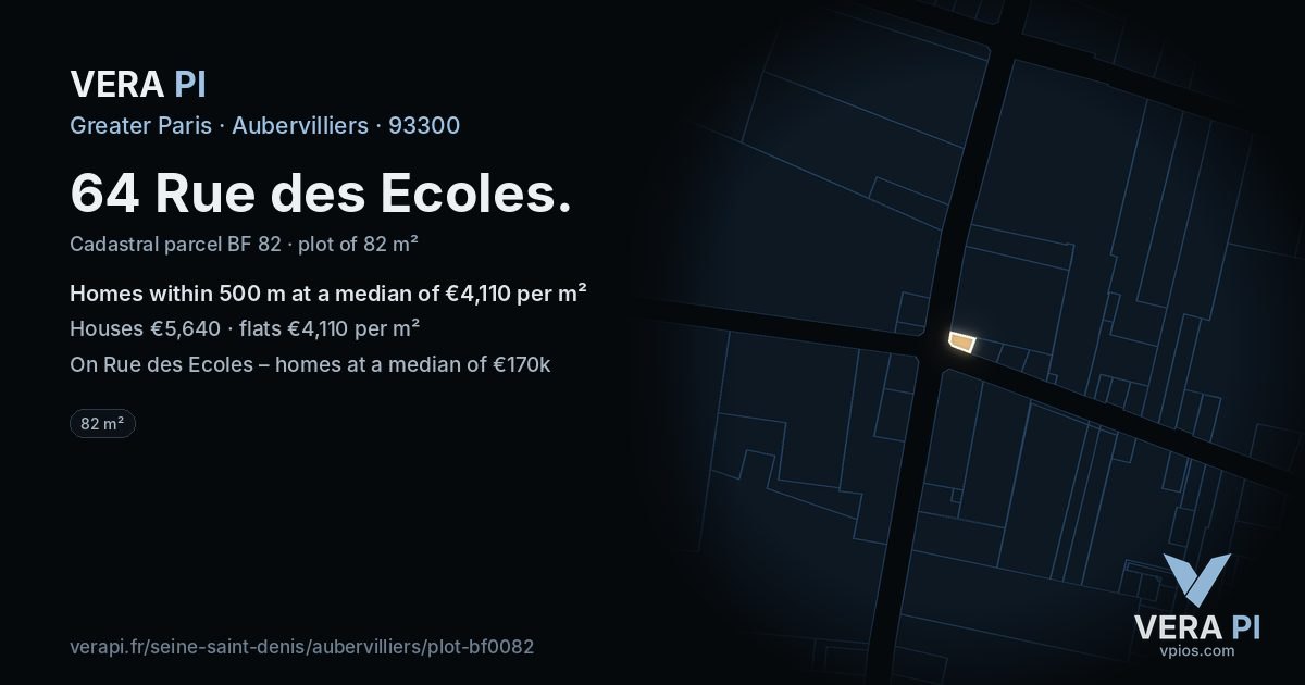 64 Rue des Ecoles, Aubervilliers at night – the plot lit, the parcels around coloured by the prices near them