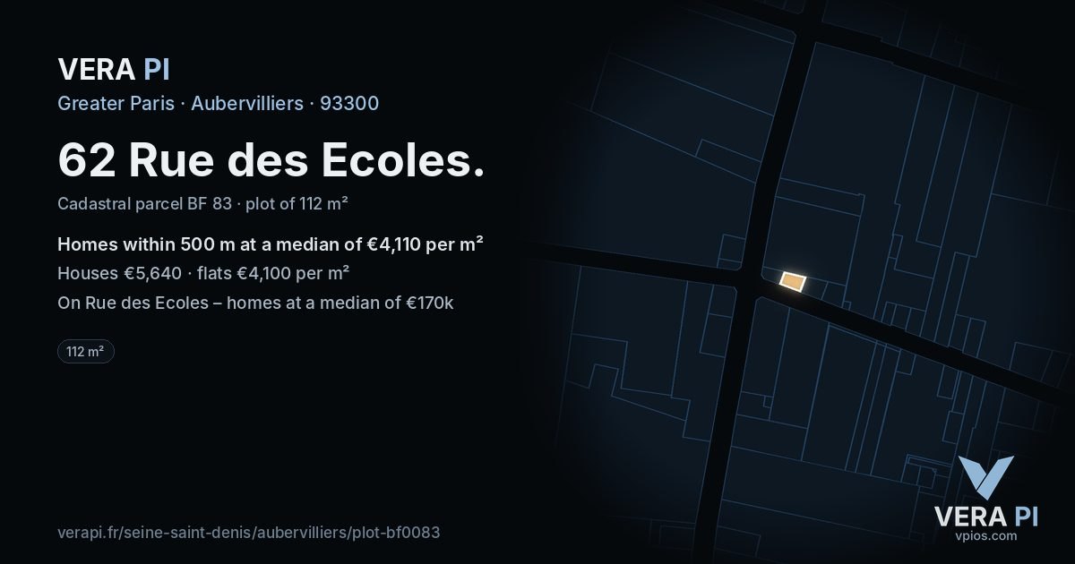 62 Rue des Ecoles, Aubervilliers at night – the plot lit, the parcels around coloured by the prices near them