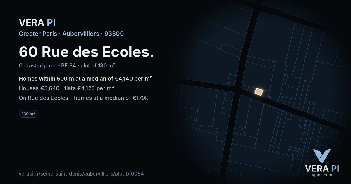 60 Rue des Ecoles, Aubervilliers at night – the plot lit, the parcels around coloured by the prices near them