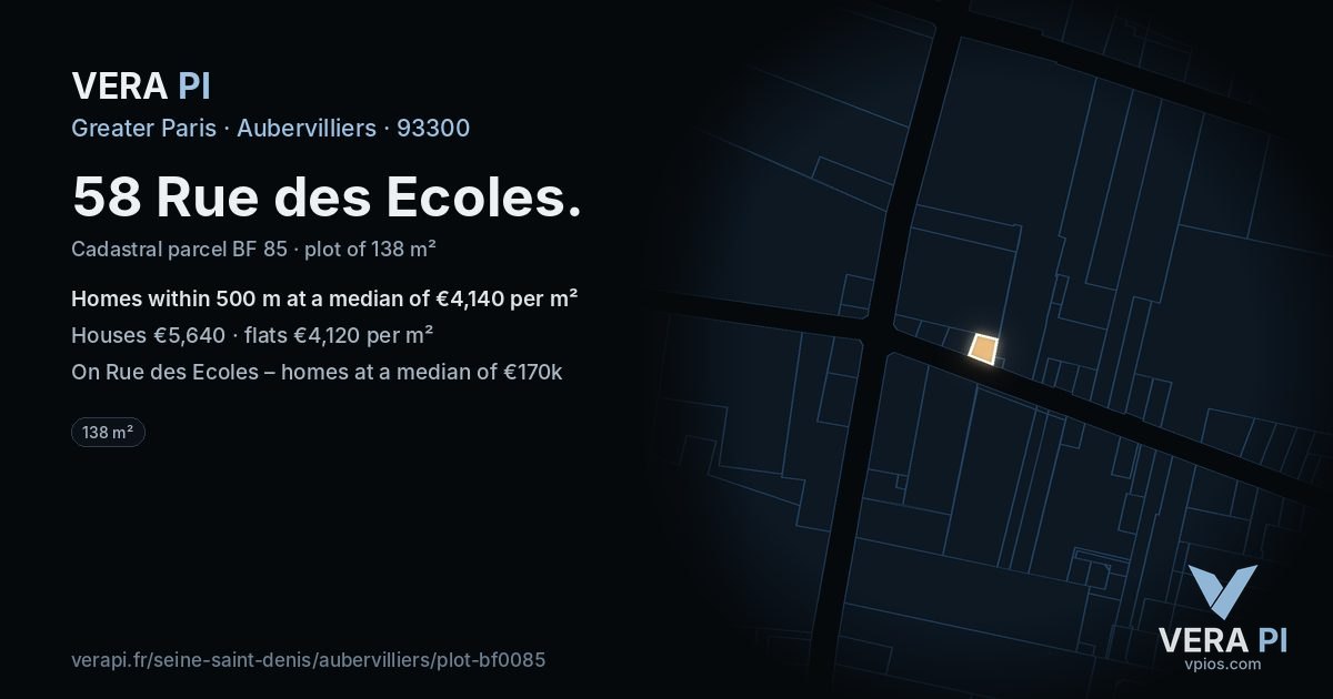 58 Rue des Ecoles, Aubervilliers at night – the plot lit, the parcels around coloured by the prices near them