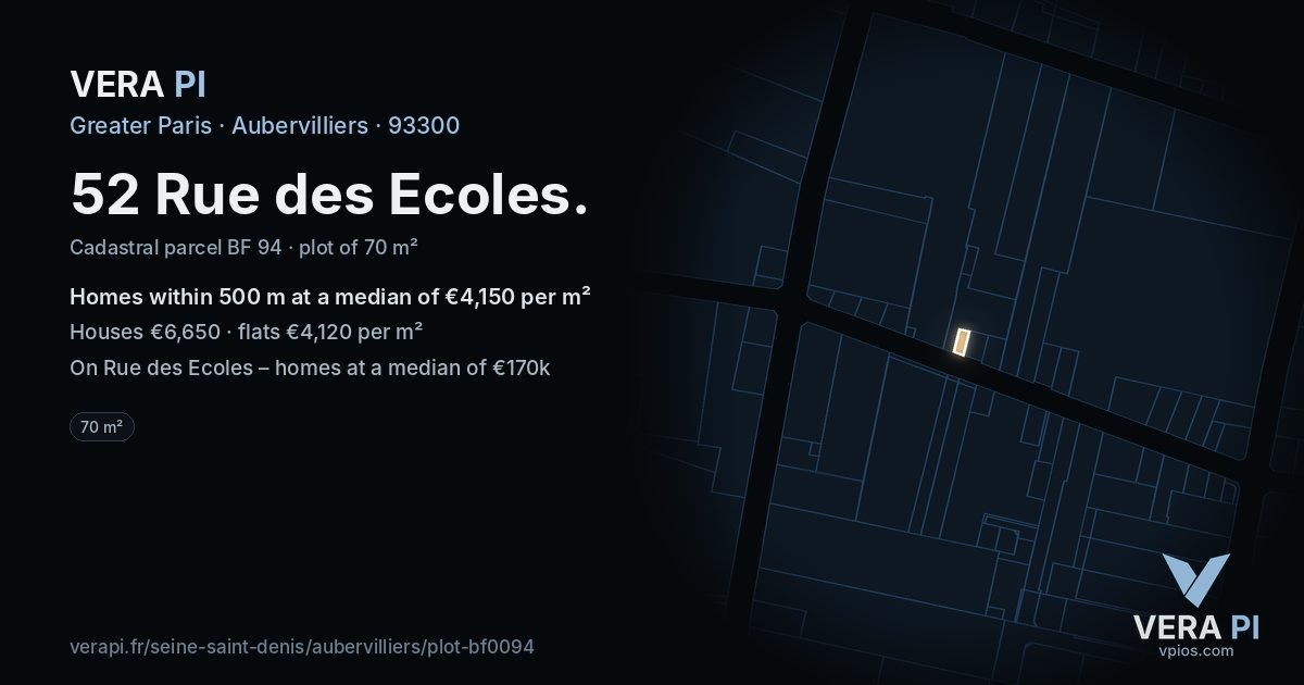 52 Rue des Ecoles, Aubervilliers at night – the plot lit, the parcels around coloured by the prices near them