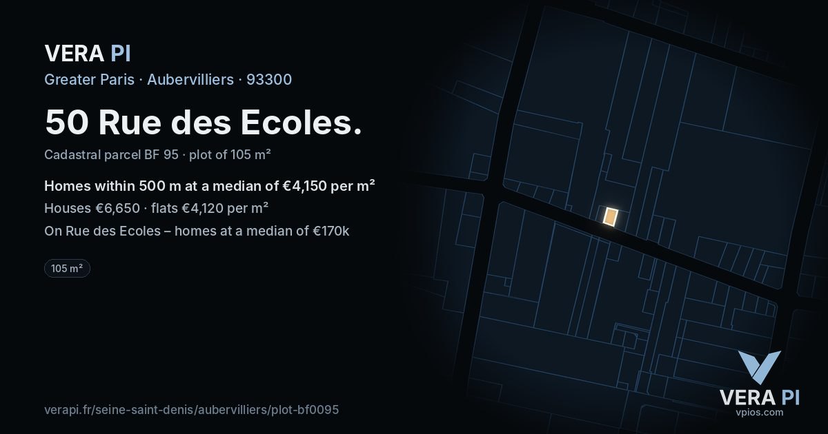 50 Rue des Ecoles, Aubervilliers at night – the plot lit, the parcels around coloured by the prices near them
