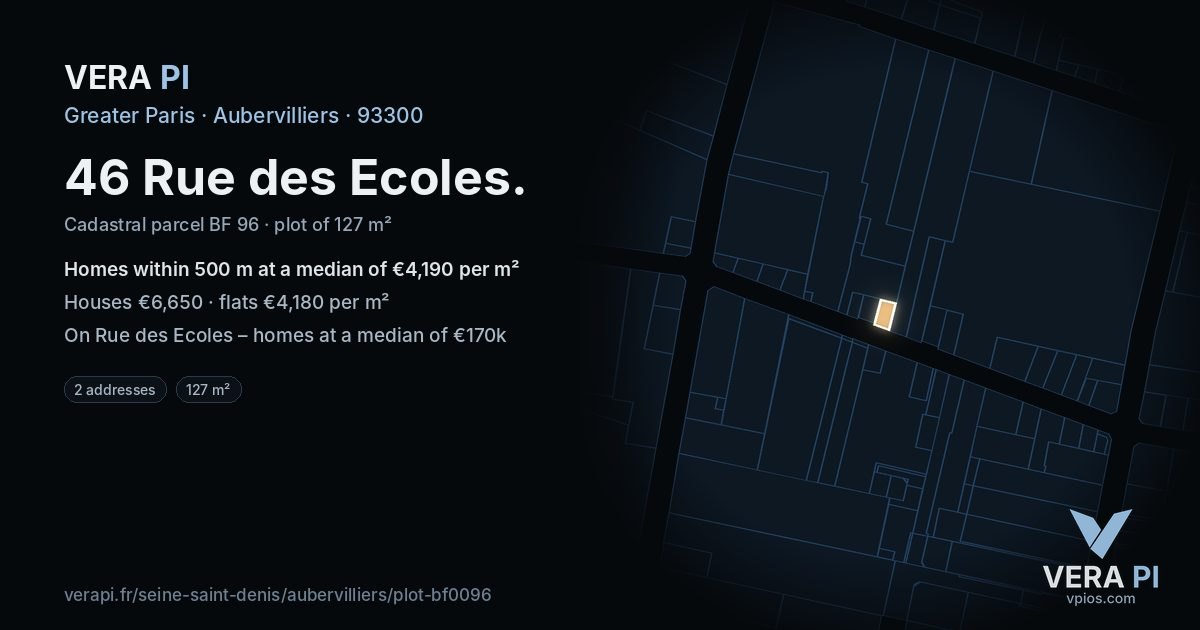 46 Rue des Ecoles, Aubervilliers at night – the plot lit, the parcels around coloured by the prices near them