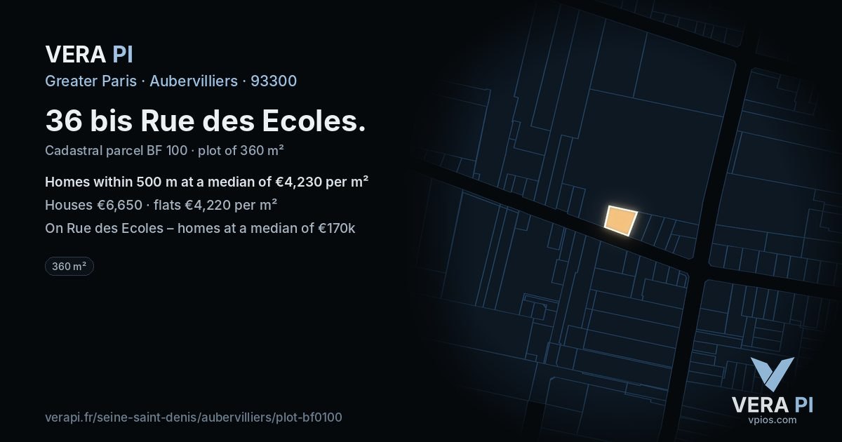 36 bis Rue des Ecoles, Aubervilliers at night – the plot lit, the parcels around coloured by the prices near them