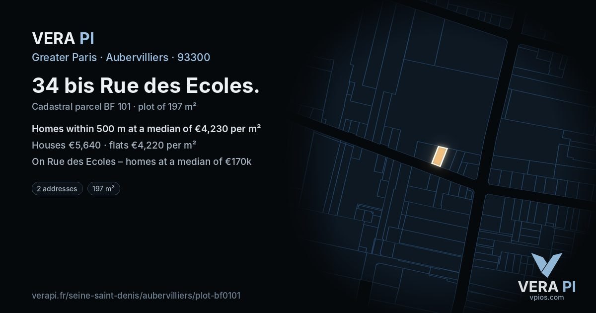 34 bis Rue des Ecoles, Aubervilliers at night – the plot lit, the parcels around coloured by the prices near them