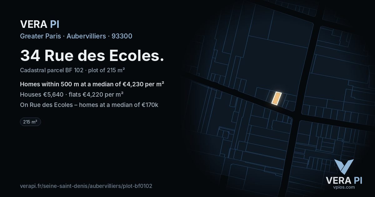 34 Rue des Ecoles, Aubervilliers at night – the plot lit, the parcels around coloured by the prices near them