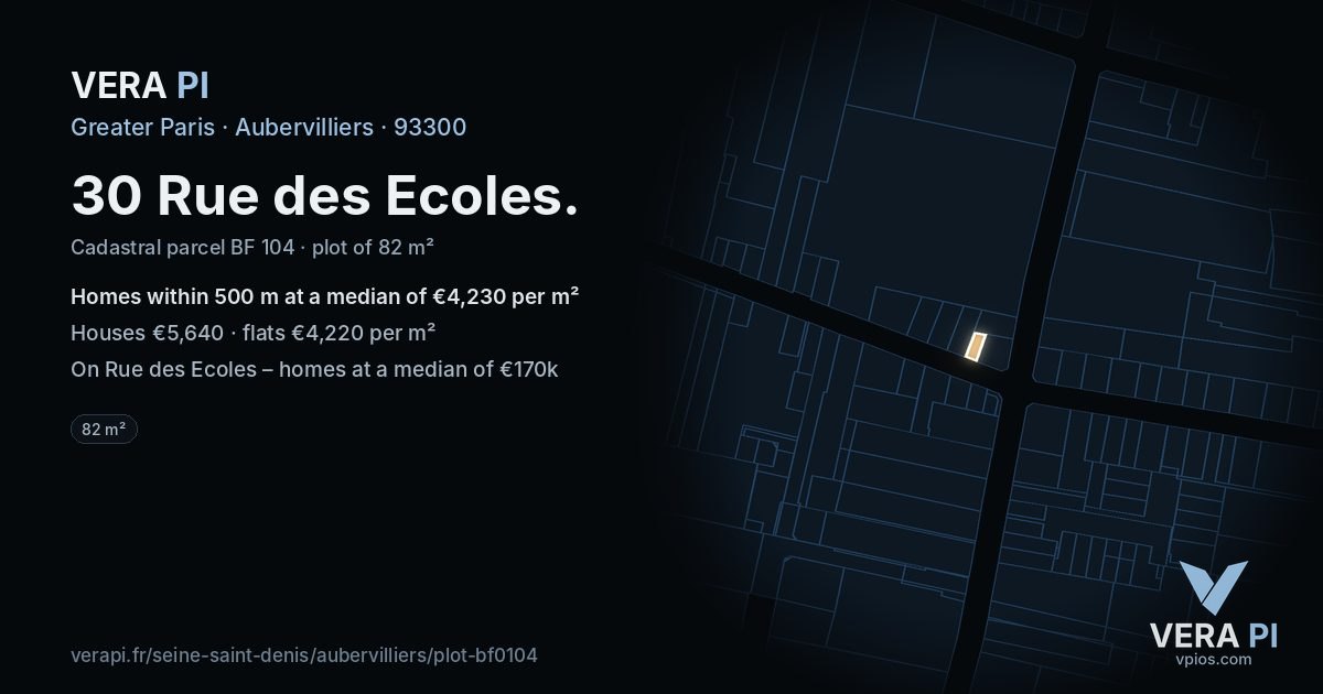30 Rue des Ecoles, Aubervilliers at night – the plot lit, the parcels around coloured by the prices near them