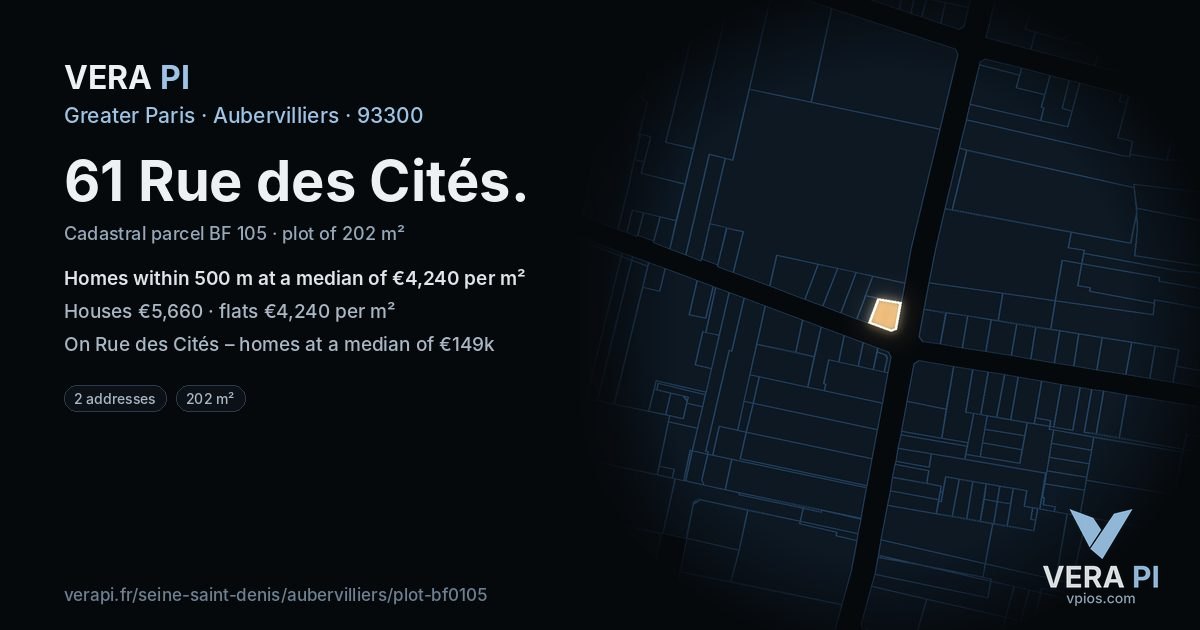 61 Rue des Cités, Aubervilliers at night – the plot lit, the parcels around coloured by the prices near them