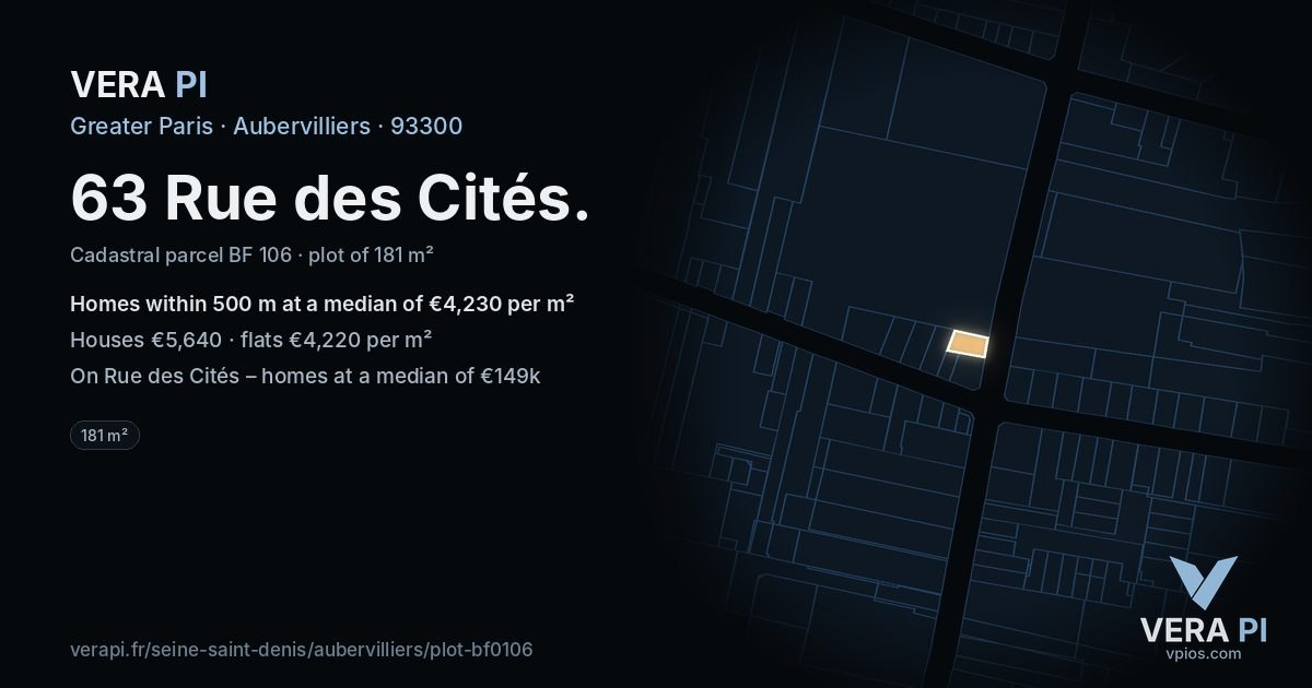 63 Rue des Cités, Aubervilliers at night – the plot lit, the parcels around coloured by the prices near them