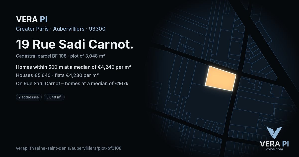 19 Rue Sadi Carnot, Aubervilliers at night – the plot lit, the parcels around coloured by the prices near them