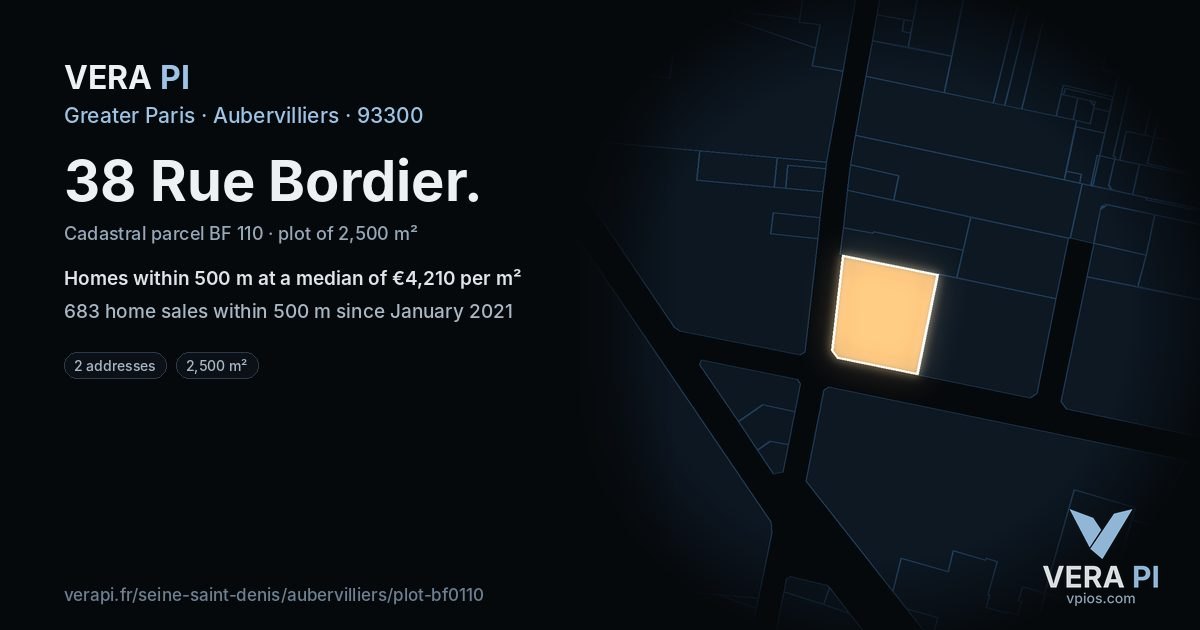 38 Rue Bordier, Aubervilliers at night – the plot lit, the parcels around coloured by the prices near them