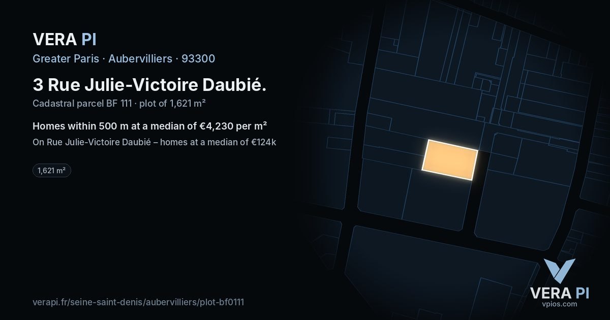 3 Rue Julie-Victoire Daubié, Aubervilliers at night – the plot lit, the parcels around coloured by the prices near them