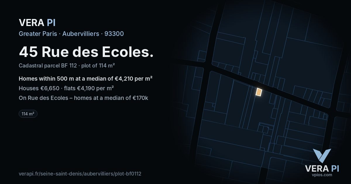 45 Rue des Ecoles, Aubervilliers at night – the plot lit, the parcels around coloured by the prices near them
