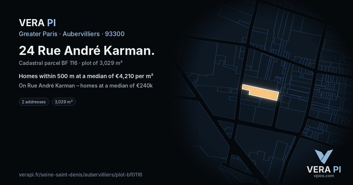 24 Rue André Karman, Aubervilliers at night – the plot lit, the parcels around coloured by the prices near them