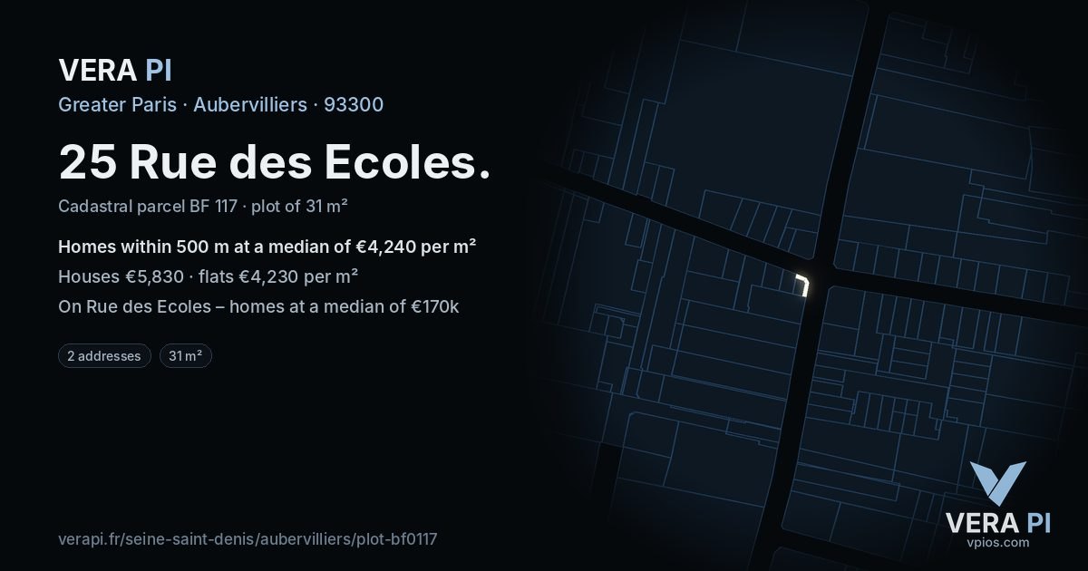 25 Rue des Ecoles, Aubervilliers at night – the plot lit, the parcels around coloured by the prices near them