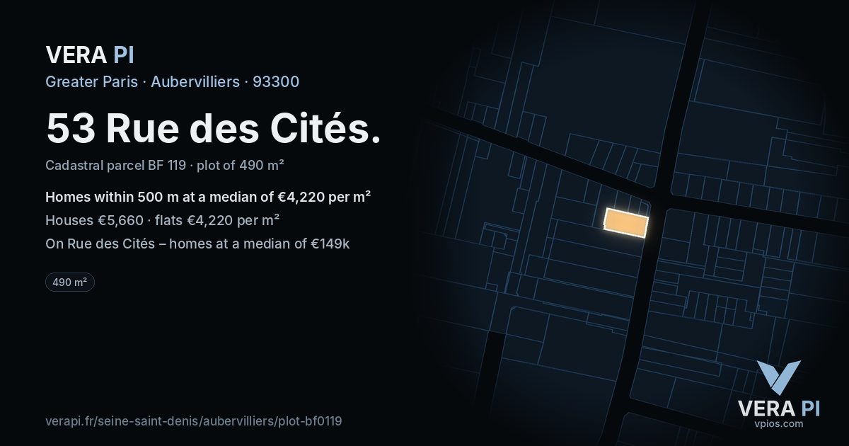 53 Rue des Cités, Aubervilliers at night – the plot lit, the parcels around coloured by the prices near them