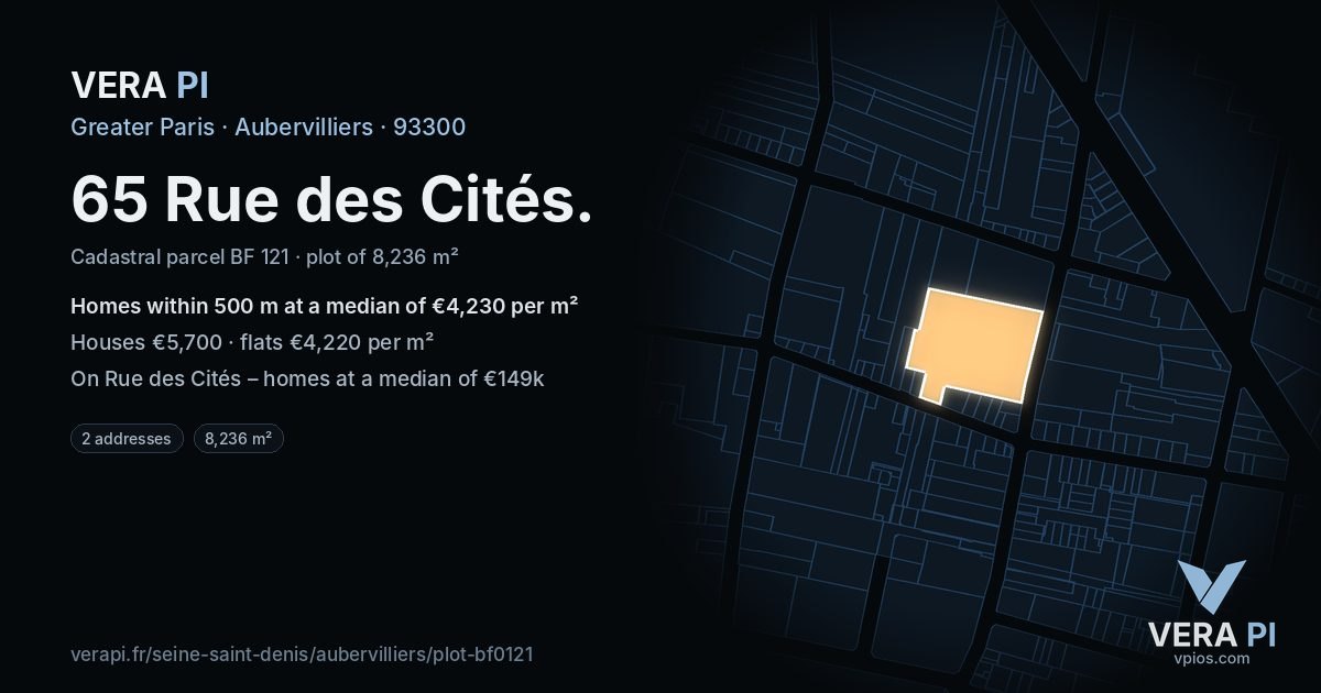65 Rue des Cités, Aubervilliers at night – the plot lit, the parcels around coloured by the prices near them