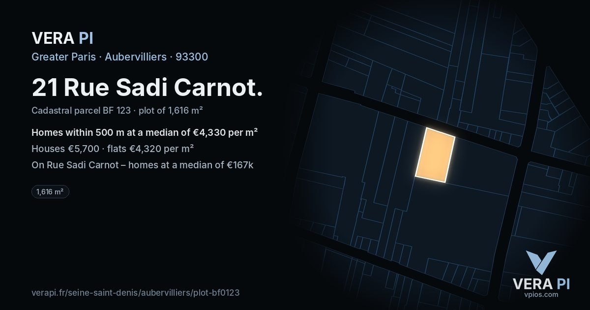 21 Rue Sadi Carnot, Aubervilliers at night – the plot lit, the parcels around coloured by the prices near them