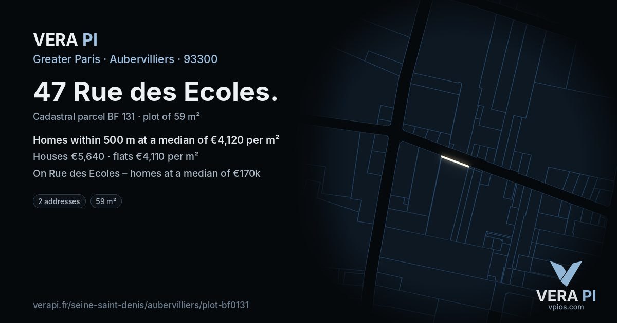 47 Rue des Ecoles, Aubervilliers at night – the plot lit, the parcels around coloured by the prices near them